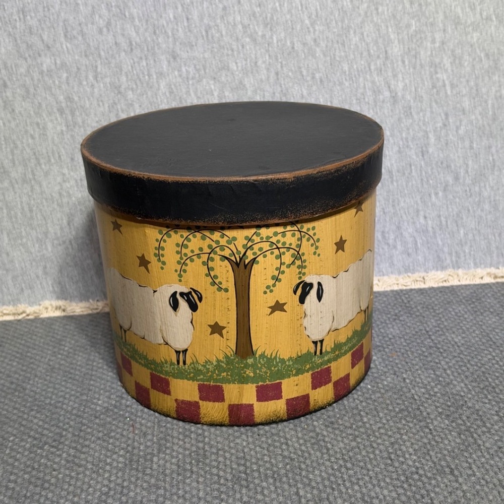 Primitive Folk Art Sheep Round Paper Mache Storage Box Farmhouse Decor